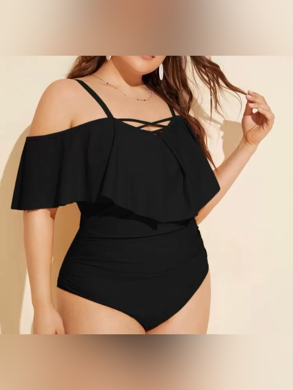 New Shein Curve Black Swimsuit Lushoire Plus Flounce Ruched 2x 2xl